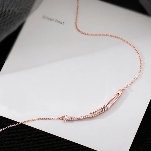 NEW Silver Rose Gold Micro Zircon Smiling Line Necklace - Picture 3 of 4